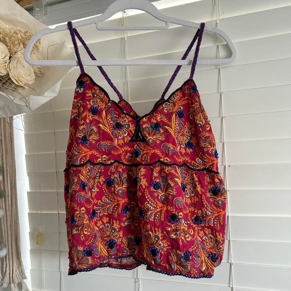 Anthropologie boho Beaded Paisley Babydoll Cami Top Size M